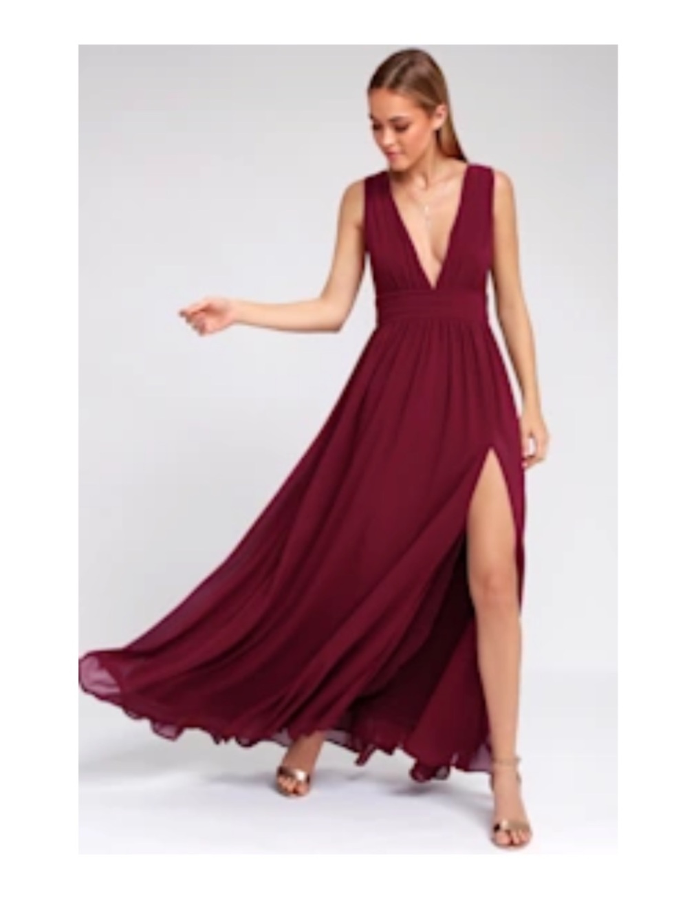 Lulu's Wine Deep V Maxi Dress with High Slit